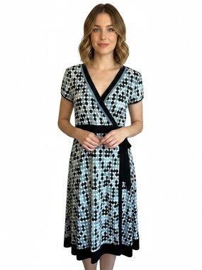 Apt 9 Stretch Faux WRAP DRESS Size large v neck waist tie spandex dotted green